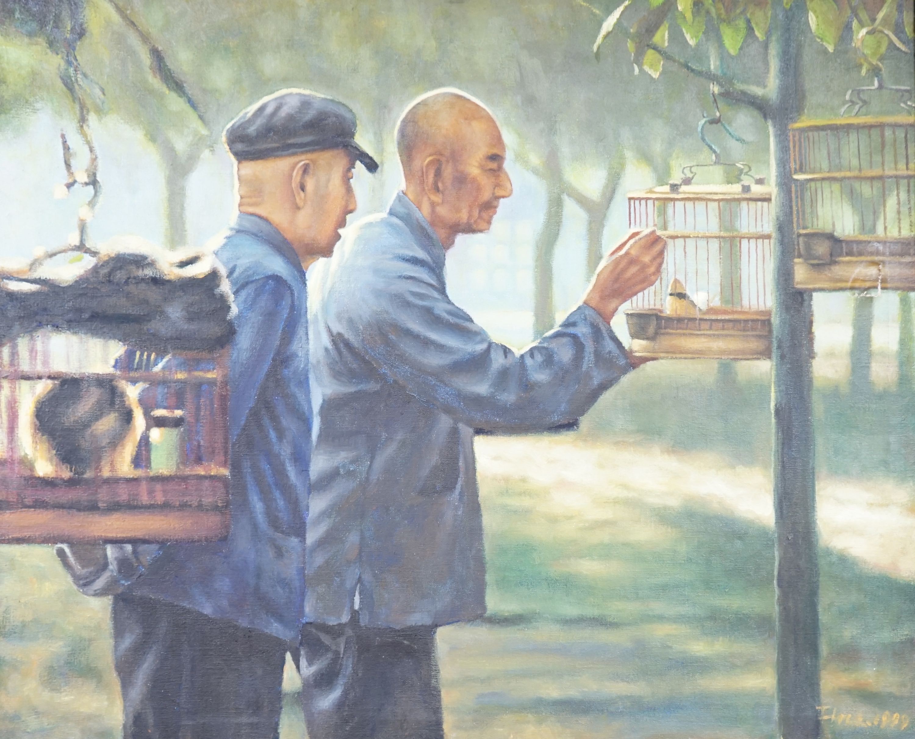 Modern British, oil on canvas, Chinese men and caged birds, indistinctly signed and dated 1999, 49 x 59cm